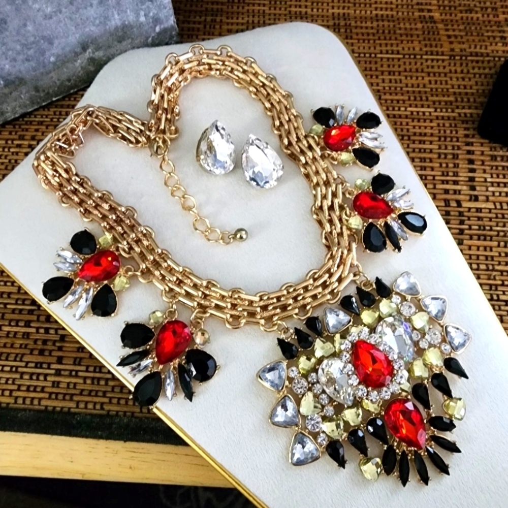Statement Chunky Gold Chain Necklace Bold Geometric Pendants Teardrop Earrings